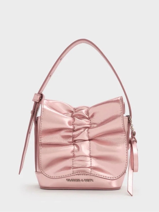 Charles & Keith Handbags - Charles & Keith Kadee Metallic Bow-Charm Ruched Mini Bag - Aura Pink XXS new